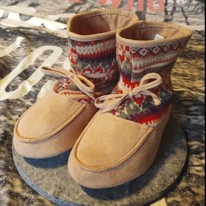 dearfoams Tan Suede Knit-Accent Women's Slippers